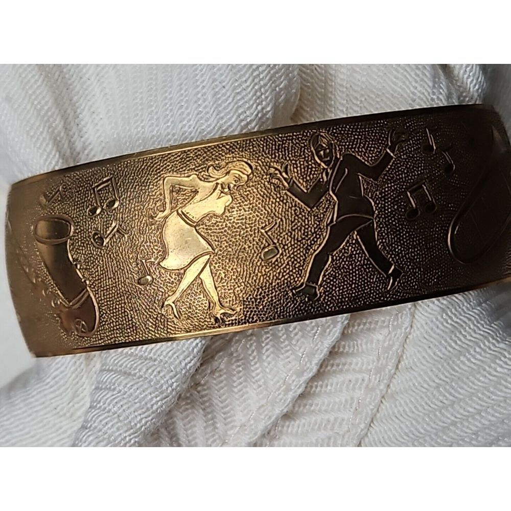 VTG Brass Wide Cuff Bracelet 1950s ROCK 'N' ROLL DANCERS Musical‎ ROCKABILLY